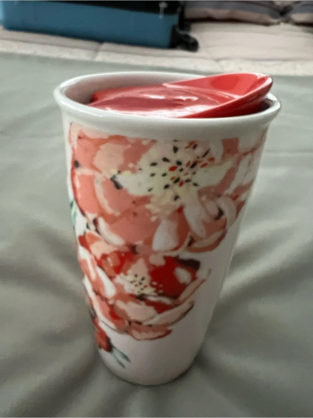 Starbucks 2015 Floral Poppy Ceramic Travel Mug 10oz with Lid